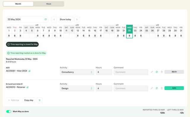 Closed time reporting in monthly view